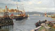 Nils Hansteen Fjordabat stevner ut Trondheim havn oil on canvas